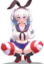 Rule 34 | 1girl, absurdres, black hairband, black neckerchief, black panties, blue eyes, blue skirt, breasts, cosplay, crop top, elbow gloves, gloves, grabbing own breast, grey hair, hairband, highleg, highleg panties, highres, kantai collection, kashima (kancolle), kazuryuu, large breasts, microskirt, neckerchief, panties, pleated skirt, sailor collar, shimakaze (kancolle), shimakaze (kancolle) (cosplay), sidelocks, skirt, solo, spread legs, squatting, striped clothes, striped thighhighs, thighhighs, thong, twintails, underwear, wavy hair, white gloves