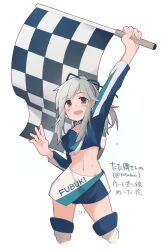 Rule 34 | 1girl, absurdres, arm up, blue ribbon, blush, boots, brown eyes, choker, clothes writing, cropped jacket, cropped legs, flag, grey hair, hair ribbon, highres, holding, holding flag, jacket, kantai collection, long hair, long sleeves, looking at viewer, ma rukan, midriff, open mouth, race queen, ribbon, simple background, skirt, solo, sweat, thigh boots, usugumo (kancolle), white background