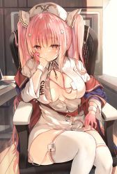 Rule 34 | 1girl, :/, azur lane, blush, breasts, chair, cleavage, closed mouth, commentary request, computer, cross hair ornament, gloves, hair ornament, half gloves, hat, highres, id card, indoors, jacket, laptop, large breasts, long hair, long sleeves, looking at viewer, no bra, nurse, nurse cap, open clothes, open jacket, perseus (azur lane), perseus (unfamiliar duties) (azur lane), pink gloves, pink hair, purple jacket, red eyes, sitting, solo, sune (mugendai), table, thighhighs, twintails, very long hair, white thighhighs, wooden floor, wrist cuffs