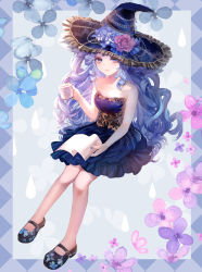Rule 34 | 1girl, absurdres, bare arms, bare legs, black footwear, blue dress, blue eyes, blue flower, blue hair, blue hat, blue nails, breasts, cleavage, closed mouth, cup, curly hair, dress, floating hair, flower, framed, full body, hat, hat flower, highres, holding, holding cup, komorihikki, long hair, looking at viewer, nail polish, original, pink flower, short dress, small breasts, solo, strapless, strapless dress, very long hair, witch hat