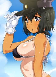 Rule 34 | 1girl, :o, adjusting clothes, adjusting headwear, akitsu maru (kancolle), animal ears, arched back, bare arms, bare shoulders, bikini, bikini top only, black bikini, black eyes, black hair, black hat, blue sky, blush, breasts, cloud, covered erect nipples, day, gloves, hand on headwear, hat, kani club, kantai collection, large breasts, looking at viewer, looking to the side, military hat, one-piece tan, open mouth, peaked cap, short hair, sky, solo, strap gap, sweat, swimsuit, tan, tanline, upper body, white gloves, wolf ears