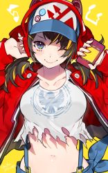 Rule 34 | 1girl, ;), baseball cap, blonde hair, blue eyes, blue hat, blush, breasts, brown hair, cellphone, character request, chunithm, closed mouth, collarbone, crop top, hands up, hat, headphones, highres, holding, holding phone, jacket, long hair, long sleeves, looking at viewer, low twintails, medium breasts, midriff, mika pikazo, multicolored hair, navel, official art, one eye closed, open clothes, open jacket, phone, red jacket, shirt, signature, simple background, smartphone, smile, solo, stomach, streaked hair, suspenders, torn clothes, torn shirt, twintails, upper body, v-shaped eyebrows, white shirt, yellow background