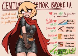 Rule 34 | 1girl, armor, blonde hair, blush, breasts, cape, centurii-chan, centurii-chan (artist), chainmail, elbow gloves, gloves, greco-roman clothes, heart, highres, leather, leather gloves, long bangs, medium breasts, medium hair, meme, original, parted bangs, red cape, roman clothes, short sleeves, simple background, teeth, twitter strip game (meme), upper teeth only