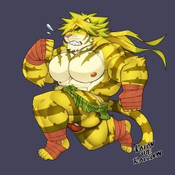 Rule 34 | 1boy, abs, absurdres, animal ears, bandages, bara, black eyes, blonde hair, bulge, bursting pectorals, chibi, colored sclera, furry, furry male, green sclera, highres, large pectorals, long hair, macan (housamo), male focus, muscular, muscular male, nipples, pectorals, ratontheraccoon, running, solo, stomach, thick eyebrows, thighs, tiger boy, tiger ears, tokyo houkago summoners