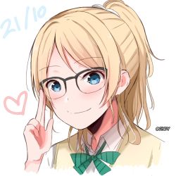 Rule 34 | 1girl, adjusting glasses, artist name, artist request, ayase eli, blonde hair, blue eyes, blush, bow, bowtie, breasts, close-up, collared shirt, female focus, glasses, green bow, hair between eyes, hair ornament, hair scrunchie, heart, heart (symbol), high ponytail, long hair, long sleeves, looking at viewer, love live!, love live! school idol project, otonokizaka school uniform, parted lips, ponytail, school uniform, scrunchie, shirt, short hair, short sleeves, small breasts, smile, solo, striped, striped bow, sweater vest, upper body, vest, white background, white scrunchie, white shirt, yellow vest