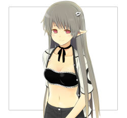 Rule 34 | 1girl, blush, breasts, brown hair, female focus, long hair, medium breasts, open clothes, open shirt, original, pointy ears, red eyes, simple background, smile, solo, toshiya, very long hair, white background