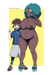 Rule 34 | 1boy, 1girl, afro, breasts, captain milf, clothed male nude female, creatures (company), curvy, dark-skinned female, dark skin, full body, game freak, gym leader, hetero, highres, huge breasts, interracial, large breasts, lenora (pokemon), looking at viewer, mature female, nail polish, nate (pokemon), nintendo, nude, older woman and younger man, platform footwear, plump, pokemon, pokemon bw2, shoes, smaller boy, sneakers, standing, they had lots of sex afterwards, thick thighs, thighs, toenail polish, toenails, v, wide hips