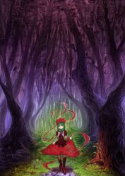 Rule 34 | 1girl, boots, bow, cross-laced footwear, dress, female focus, forest, frills, front ponytail, green eyes, green hair, hair bow, hair ornament, hair ribbon, highres, kagiyama hina, lace-up boots, long hair, looking at viewer, matching hair/eyes, nature, red dress, ribbon, shinigami wyvern, shinigamiwyvern, short sleeves, skirt hold, smile, solo, standing, touhou, tree