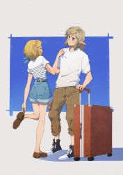 Rule 34 | 1boy, 1girl, adjusting clothes, adjusting shoe, alternate costume, ass, belt, blonde hair, blue eyes, commentary, denim, denim shorts, earrings, from behind, full body, green eyes, highres, jewelry, link, looking at another, luggage, nintendo, pointy ears, princess zelda, rolling suitcase, shirt, short hair, short ponytail, shorts, standing, standing on one leg, striped clothes, striped shirt, suitcase, the legend of zelda, the legend of zelda: breath of the wild, the legend of zelda: tears of the kingdom, yangyaozigo
