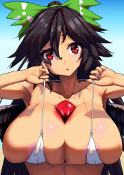Rule 34 | 1girl, absurdres, arms up, bikini, bikini pull, bird wings, black hair, black wings, bow, breasts, clothes pull, commentary request, green bow, hair bow, highres, hodara kika, huge breasts, long hair, looking at viewer, micro bikini, open mouth, ponytail, radiation symbol, red eyes, reiuji utsuho, solo, swimsuit, third eye, touhou, upper body, white bikini, wings