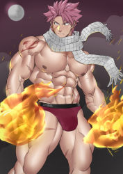Rule 34 | 1boy, abs, absurdres, bara, briefs, bulge, closed mouth, earrings, facial scar, fairy tail, fire, highres, jewelry, large pectorals, looking to the side, magic, male focus, male underwear, muscular, muscular male, natsu dragneel, navel, nipples, pectorals, pink hair, pink male underwear, scar, scar on arm, scar on cheek, scar on face, scar on leg, scar on stomach, scarf, short hair, shoulder tattoo, solo, spiked hair, suyohara, tattoo, thick thighs, thighs, underwear, veins, veiny arms