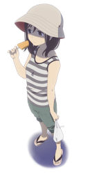 Rule 34 | 1girl, bag, black eyes, black hair, bucket hat, food, full body, hat, mattaku mousuke, original, popsicle, sandals, shirt, shorts, simple background, solo, standing, striped clothes, striped shirt, tank top, white background