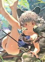 Rule 34 | 1girl, animal, animal ears, ass, bare arms, bare legs, bare shoulders, barefoot, black one-piece swimsuit, blush, closed mouth, commentary request, dowsing rod, fish, grey hair, highres, jewelry, kajatony, kneepits, mouse ears, mouse tail, name tag, nazrin, one-piece swimsuit, pendant, red eyes, school swimsuit, short hair, solo, swimsuit, tail, touhou, water drop