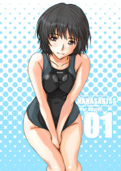 Rule 34 | 1girl, amagami, black hair, brown eyes, competition swimsuit, covering privates, covering crotch, goggles, goggles around neck, ishihara souka, nanasaki ai, one-piece swimsuit, own hands together, polka dot, polka dot background, short hair, solo, swimsuit