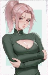 Rule 34 | 1girl, artist name, breasts, chloe (sciamano240), cleavage, cleavage cutout, clothing cutout, crossed arms, earrings, fingernails, freckles, green shirt, jewelry, large breasts, long sleeves, original, pink eyes, pink hair, ponytail, pout, sciamano240, shirt, signature, standing, sweater, turtleneck, turtleneck sweater