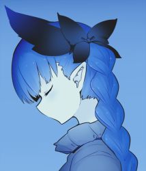 Rule 34 | 1girl, animal ears, blue background, blue theme, bow, braid, cat ears, closed eyes, extra ears, facing away, from side, hair bow, kaenbyou rin, mizuga, monochrome, no mouth, pointy ears, portrait, profile, red eyes, simple background, solo, tail, touhou
