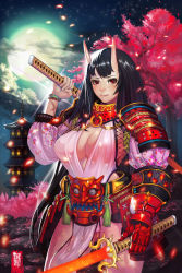Rule 34 | 1girl, arm at side, armor, artist name, bead bracelet, beads, belt, black hair, bracelet, breasts, carrying over shoulder, chain, cherry blossoms, cleavage, cowboy shot, fang, fang out, fishnets, floral print, full moon, gauntlets, glowing, gluteal fold, gorget, hand up, highres, holding, holding sword, holding weapon, horns, japanese armor, japanese clothes, jewelry, kusazuri, large breasts, legs apart, light particles, loincloth, long hair, long sleeves, looking at viewer, moon, night, night sky, oni, oni horns, original, outdoors, pagoda, panties, pantyshot, pelvic curtain, petals, red eyes, rock, shiny skin, shoulder armor, sideboob, single gauntlet, sky, sode, solo, standing, star (sky), sword, tassel, tree, underwear, weapon, wookyung