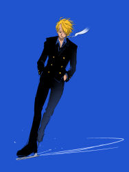Rule 34 | 1boy, black pants, blonde hair, blue background, blue shirt, cheouldu, commentary request, curly eyebrows, facial hair, formal, full body, goatee, hair over one eye, hand in pocket, highres, ice skating, korean commentary, looking to the side, male focus, one piece, pants, sanji (one piece), shirt, short hair, skating, smoke, solo, suit