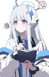 Rule 34 | 1girl, anger vein, blue archive, blue necktie, book, closed mouth, coat, collared shirt, commentary, fingernails, halo, headgear, highres, holding, holding book, holding pen, jacket, long hair, long sleeves, looking at viewer, looking to the side, necktie, noa (blue archive), off shoulder, pen, pout, puffy long sleeves, puffy sleeves, purple eyes, reia 76, shirt, simple background, solo, spoken expression, squiggle, symbol-only commentary, upper body, white background, white coat, white hair, white halo, white jacket, white shirt