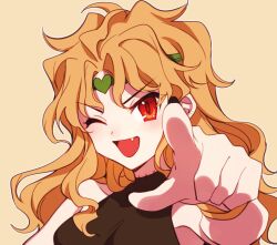 Rule 34 | 1girl, birthmark, blonde hair, bracelet, breasts, commentary request, dio brando, fang, genderswap, genderswap (mtf), headband, heart, jewelry, jojo no kimyou na bouken, long hair, medium breasts, one eye closed, open mouth, pointing, pointing at viewer, portrait, red eyes, scar, scar on neck, sempon (doppio note), sleeveless, sleeveless turtleneck, smile, solo, stardust crusaders, turtleneck, v-shaped eyebrows