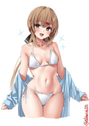 Rule 34 | 1girl, alternate costume, bare shoulders, bikini, black ribbon, blush, breasts, brown eyes, collarbone, commentary request, cowboy shot, cropped legs, ebifurya, groin, hair between eyes, hair ornament, hair ribbon, hairclip, highres, kantai collection, light brown hair, long hair, long sleeves, looking at viewer, low twintails, medium breasts, navel, one-hour drawing challenge, open mouth, ribbon, side-tie bikini bottom, simple background, smile, solo, swimsuit, tashkent (kancolle), thighs, twintails, twitter username, white background