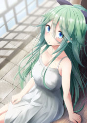 Rule 34 | 10s, 1girl, alternate costume, arm support, bare arms, bare shoulders, black ribbon, blue eyes, blush, breasts, collarbone, commentary request, day, dress, from above, from side, green hair, hair between eyes, hair ornament, hair ribbon, hairclip, hand on own thigh, indoors, kantai collection, long hair, looking at viewer, looking up, medium breasts, nekobaka, ponytail, ribbon, sitting, sleeveless, sleeveless dress, solo, white dress, yamakaze (kancolle)