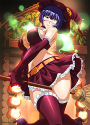 Rule 34 | 00s, 1girl, artist request, belt, between thighs, blue hair, breasts, broom, broom riding, costume, elbow gloves, eyepatch, gloves, green eyes, halloween costume, hat, ikkitousen, large breasts, midriff, mole, official art, ryomou shimei, short hair, skirt, solo, thighhighs, witch hat