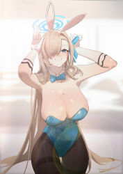Rule 34 | 1girl, absurdres, animal ears, armpits, asuna (blue archive), asuna (bunny) (blue archive), bare shoulders, black pantyhose, blue archive, blue bow, blue bowtie, blue eyes, blue leotard, blue ribbon, bow, bowtie, breasts, chilakkk, cleavage, detached collar, fake animal ears, gloves, hair over one eye, hair ribbon, hands up, highres, large breasts, leotard, light brown hair, long hair, looking at viewer, mole, mole on breast, official alternate costume, pantyhose, rabbit ears, ribbon, smile, solo, very long hair, white gloves