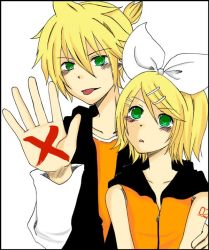 Rule 34 | 1boy, 1girl, blonde hair, brother and sister, cross, green eyes, hair ornament, hairpin, kagamine len, kagamine rin, ribbon, siblings, tongue, tongue out, twins, vocaloid