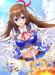 Rule 34 | 1girl, adapted costume, ankimo (tokino sora), belt, belt pouch, blue eyes, blue jacket, blue skirt, blue sky, breasts, brown hair, cape, center opening, cleavage, cloud, cloudy sky, commentary, cowboy shot, day, dutch angle, embers, feather hair ornament, feathers, gloves, hair between eyes, hair flaps, hair ornament, highres, hololive, jacket, long hair, looking at viewer, medium breasts, midriff, miniskirt, navel, neck ribbon, open mouth, outdoors, pleated skirt, pouch, red ribbon, ribbon, satobitob, shield, shirt, skirt, sky, smile, solo, star (symbol), star hair ornament, striped, tokino sora, tokino sora (1st costume), vertical stripes, virtual youtuber, white cape, white gloves, white shirt, wing collar