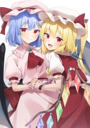 Rule 34 | 2girls, :d, absurdres, ascot, bat wings, blonde hair, blue hair, brooch, closed mouth, collared shirt, commentary, cowboy shot, crystal, fang, flandre scarlet, hat, hat ribbon, highres, holding hands, interlocked fingers, jewelry, long hair, looking at viewer, medium hair, mob cap, multiple girls, nail polish, one side up, open mouth, pink headwear, pink shirt, pink skirt, puffy short sleeves, puffy sleeves, red ascot, red eyes, red nails, red ribbon, red skirt, red vest, remilia scarlet, ribbon, shirt, short sleeves, siblings, simple background, sisters, skin fang, skirt, smile, suikario, symbol-only commentary, touhou, twitter username, vest, white background, white headwear, white shirt, wings, wrist cuffs