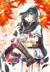 Rule 34 | 10s, 1girl, 2016, anchor symbol, armor, autumn leaves, bad id, bad pixiv id, bag, belt, black legwear, blush, boots, bowl, cape, chopsticks, crossed arms, dated, eyepatch, food, green eyes, green hair, hair between eyes, hat, holding, holding bowl, kantai collection, kiso (kancolle), kiso kai ni (kancolle), knee boots, leaf, looking at viewer, maple leaf, matching hair/eyes, navel, neckerchief, noodles, open mouth, pauldrons, sailor hat, school uniform, serafuku, short hair, short sleeves, shoulder armor, signature, sitting, solo, udon, yuihira asu