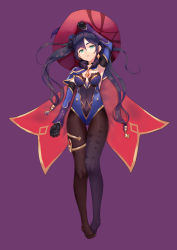 Rule 34 | 1girl, absurdres, ansauce, aqua eyes, arm up, armpits, black choker, black gloves, black hair, black pantyhose, blue leotard, bow, breasts, cape, choker, covered navel, detached sleeves, earrings, floating hair, full body, fur collar, genshin impact, gloves, gold trim, hair bow, hat, highleg, highleg leotard, highres, jewelry, leotard, long hair, long sleeves, looking at viewer, medium breasts, mona (genshin impact), no shoes, pantyhose, parted lips, purple background, sidelocks, simple background, solo, strapless, strapless leotard, thigh gap, thighlet, twintails, very long hair, witch hat