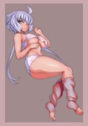 Rule 34 | 1girl, ahoge, ass, bare arms, blush, border, breasts, closed mouth, covered erect nipples, crop top, from behind, full body, hair over one eye, hevn, highres, large breasts, long hair, looking at viewer, looking back, loose socks, midriff, navel, pink socks, purple eyes, see-through, senki zesshou symphogear, shiny skin, shorts, silver hair, simple background, sleeveless, smile, socks, solo, twintails, underboob, underwear, underwear only, very long hair, white shorts, yukine chris