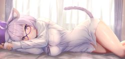 Rule 34 | 1girl, absurdres, ahoge, animal ear fluff, animal ears, bed sheet, blunt bangs, blurry, blurry background, blush, bow, bowtie, breast pocket, breasts, cat ears, cat girl, cat tail, closed mouth, curtains, glasses, highres, hololive, long sleeves, looking at viewer, lying, medium breasts, medium hair, naked shirt, nekomata okayu, nekomata okayu (oversized shirt), official alternate costume, on side, pocket, shirt, sidelocks, smile, solo, tachibana yuu (shika), tail, thighs, virtual youtuber, white shirt, wrist cuffs