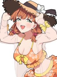 Rule 34 | 1girl, :d, adjusting clothes, adjusting headwear, bikini, bikini skirt, blush, breasts, brown hat, cleavage, collarbone, commentary, crossed bangs, floral print bikini, flower, frilled bikini, frills, green eyes, half-closed eyes, hat, hat flower, highres, hinoshita kaho, jacket, jacket over swimsuit, leaning forward, link! like! love live!, liz (piyoko piyop), looking at viewer, love live!, low twintails, medium breasts, medium hair, navel, official alternate costume, open mouth, orange bikini, orange hair, see-through, see-through jacket, short twintails, simple background, smile, solo, splash!!!! (love live!), stomach, straw hat, swimsuit, symbol-only commentary, teeth, twintails, upper body, upper teeth only, virtual youtuber, white background, white flower