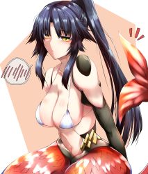 Rule 34 | 1girl, absurdres, android, bare shoulders, bikini, black hair, breasts, cleavage, collarbone, fate/grand order, fate (series), fins, fish tail, highres, joints, katou danzou (fate), large breasts, long hair, looking at viewer, mermaid, monster girl, navel, parted bangs, ponytail, robot joints, sidelocks, swimsuit, tail, tgxx3300, white bikini, yellow eyes