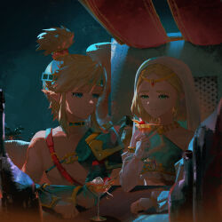 Rule 34 | 1boy, 1girl, arabian clothes, armlet, bandeau, bar (place), blonde hair, blue eyes, bottle, braid, bridal gauntlets, circlet, closed mouth, cocktail glass, commentary request, crown braid, cup, detached sleeves, drinking glass, earrings, gerudo set (zelda), green eyes, halterneck, highres, holding, holding cup, hoop earrings, jewelry, light smile, link, looking at another, night, night sky, nintendo, official alternate costume, parted bangs, pointy ears, princess zelda, short hair, signature, single bare shoulder, sky, the legend of zelda, the legend of zelda: tears of the kingdom, tsujieiri, updo, white sleeves
