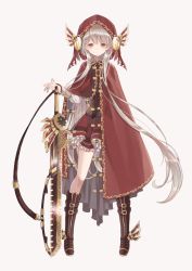 Rule 34 | 1girl, bad id, bad pixiv id, boots, bracer, brown footwear, cloak, closed mouth, expressionless, frilled skirt, frills, full body, grey background, holding, holding sword, holding weapon, hood, hooded cloak, knee boots, legs apart, long hair, long sleeves, looking at viewer, original, oro ponzu, red eyes, red skirt, sidelocks, silver hair, simple background, skirt, solo, standing, straight hair, sword, very long hair, weapon, white background