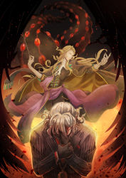 Rule 34 | 2boys, antonio salieri (fate), antonio salieri (second ascension) (fate), backlighting, conductor baton, black gloves, blonde hair, cape, claws, closed eyes, curly hair, demon pillar (fate), fate/grand order, fate (series), flaming eye, formal, gloves, grey hair, hair over one eye, hand on own wrist, hand over face, highres, jewelry, long hair, long sleeves, male focus, multiple boys, pendant, pinstripe pattern, pinstripe suit, red eyes, short hair, striped, suit, wide-eyed, wolfgang amadeus mozart (fate), zeroki (izuno)