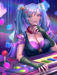Rule 34 | 1girl, arcade sona, bare shoulders, blue eyes, blue hair, blue nails, bra, breasts, cleavage, clenched teeth, collarbone, commentary request, controller, cube, fingerless gloves, forehead, game controller, gloves, green gloves, grid, hair between eyes, hair ornament, hairclip, hand up, highres, joystick, large breasts, league of legends, long hair, looking at viewer, nail polish, nyaamen fork, off shoulder, official alternate costume, open mouth, piano keys, purple bra, rainbow, shadow, sharp teeth, solo, sona (league of legends), sparkle, star (symbol), teeth, twintails, underwear, upper body