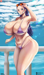 Rule 34 | 1girl, bikini, black hair, blue eyes, breasts, cleavage, curvy, delta26, highres, huge breasts, long hair, looking at viewer, navel, nico robin, one piece, smile, solo, standing, swimsuit, thick thighs, thighs, thong, thong bikini, very long hair, wide hips
