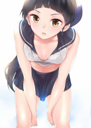 Rule 34 | 1girl, amasora taichi, bare shoulders, black hair, black sailor collar, black skirt, breasts, brown eyes, collarbone, commentary request, crop top, downblouse, hair ornament, hair scrunchie, head tilt, highres, leaning forward, long hair, looking at viewer, midriff, navel, original, parted lips, ponytail, sailor collar, school uniform, scrunchie, serafuku, shirt, skirt, sleeveless, sleeveless shirt, small breasts, solo, standing, v-shaped eyebrows, very long hair, white background, white scrunchie, white shirt