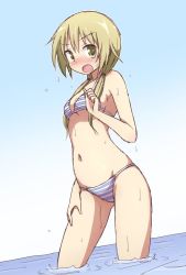 Rule 34 | 1girl, bikini, blonde hair, blue bikini, blush, breasts, cleavage, embarrassed, halterneck, ichii yui, looking at viewer, medium breasts, medium hair, mel (melty pot), navel, open mouth, solo, string bikini, striped bikini, striped bikini bottom, striped bikini top, striped clothes, swimsuit, wet, yellow eyes, yuyushiki