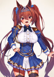 Rule 34 | 1girl, :d, animal ears, black garter straps, black thighhighs, blue corset, blue skirt, blue sleeves, blush, bow, breasts, brown hair, commentary request, corset, daiwa scarlet (umamusume), epaulettes, fang, garter straps, grey background, hair between eyes, hair bow, hair intakes, hand on own hip, highres, horse ears, horse girl, horse tail, juliet sleeves, large breasts, long hair, long sleeves, looking at viewer, open mouth, puffy sleeves, red bow, red eyes, shirt, silhouette90, simple background, skirt, smile, solo, tail, thighhighs, tiara, umamusume, very long hair, white shirt