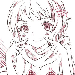 Rule 34 | 1girl, bikini, blush, breasts, checkered bikini, checkered clothes, cleavage, commentary request, fingersmile, flower, hair flower, hair ornament, hands up, idolmaster, idolmaster million live!, kouno tooru (stoneandrose123), looking at viewer, makabe mizuki, monochrome, scarf, short hair, sidelocks, small breasts, smile, solo, swimsuit, wavy hair, white background