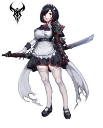 Rule 34 | 1girl, absurdres, apron, ascot, asymmetrical clothes, belt, black hair, bow, breasts, corruption, dark persona, dress, emblem, full body, garter straps, gauntlets, gloves, grin, highres, kjhyeon96, large breasts, looking at viewer, maid, maid apron, maid headdress, mary janes, multicolored hair, original, red hair, sheath, sheathed, shoes, short hair, single gauntlet, single glove, skindentation, smile, solo, sword, thighhighs, torn clothes, two-tone hair, waist bow, weapon, white background, white gloves