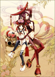 Rule 34 | 2girls, anklet, anoringo, arm up, black hair, black thighhighs, boots, braid, brown hair, center opening, da ji, detached sleeves, dual wielding, elf, facial mark, fingernails, flat chest, flower, forehead mark, hair ornament, hat, head tilt, headband, high ponytail, highres, himiko (musou orochi), holding, in tree, japanese clothes, jewelry, leaf, leg up, lipstick, long fingernails, long hair, long toenails, magatama, makeup, midriff, multiple girls, musou orochi, musou orochi 2, nail, nail polish, nature, navel, necklace, no bra, object on head, outdoors, pendant, pointy ears, ponytail, purple hair, red eyes, red nails, red thighhighs, sash, see-through, short hair, shorts, side slit, sitting, sitting in tree, smile, spiked hair, tattoo, thighhighs, toeless legwear, toenails, toes, tree