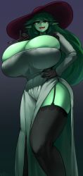 Rule 34 | 1girl, absurdres, alcina dimitrescu, breasts, colored skin, cosplay, costume, curvy, fang, gigantic breasts, gipehtyboo, green eyes, green hair, green skin, hand on own hip, highres, huge breasts, nipple slip, nipples, open mouth, original, pointy ears, resident evil, resident evil village, solo, tall, thick thighs, thighs, voxa (gipethyboo), wide hips