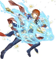 Rule 34 | 1boy, artist request, blue eyes, cape, eliwood (fire emblem), eliwood (valentine) (fire emblem), fire emblem, fire emblem: the blazing blade, fire emblem heroes, flower, full body, highres, male focus, nintendo, official art, open mouth, polearm, red hair, short hair, solo, spear, transparent background, weapon